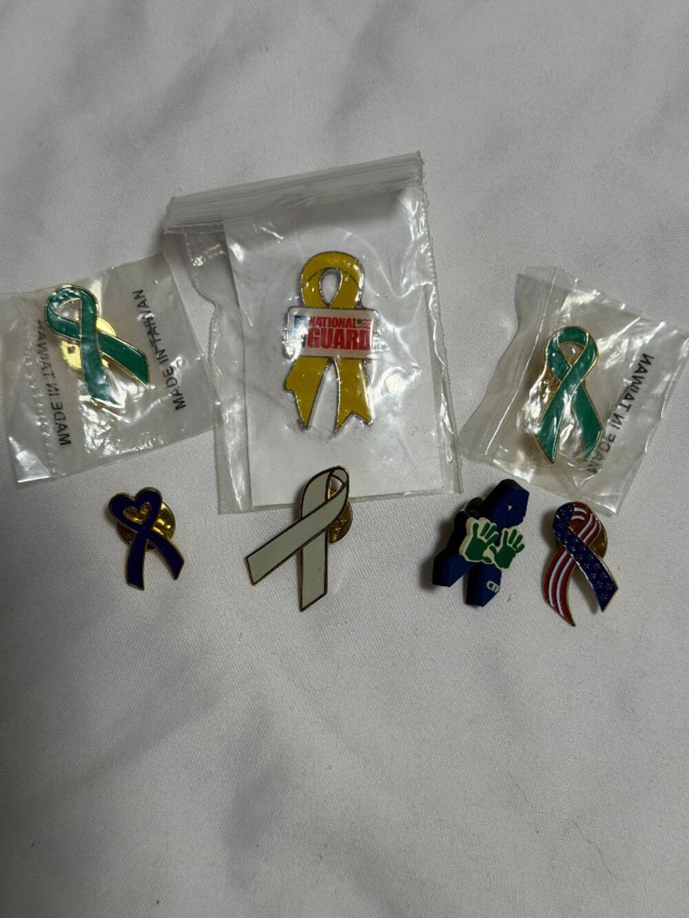 Assorted Ribbon Awareness Pin Lot - Yellow, Teal, White, Navy, Purple, Red/Blue